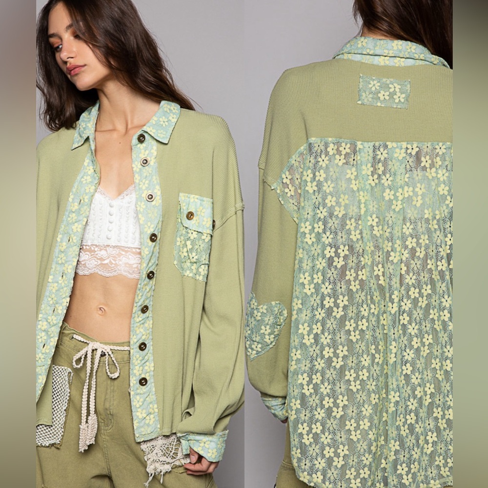 POL Green Floral Button-Up Top
